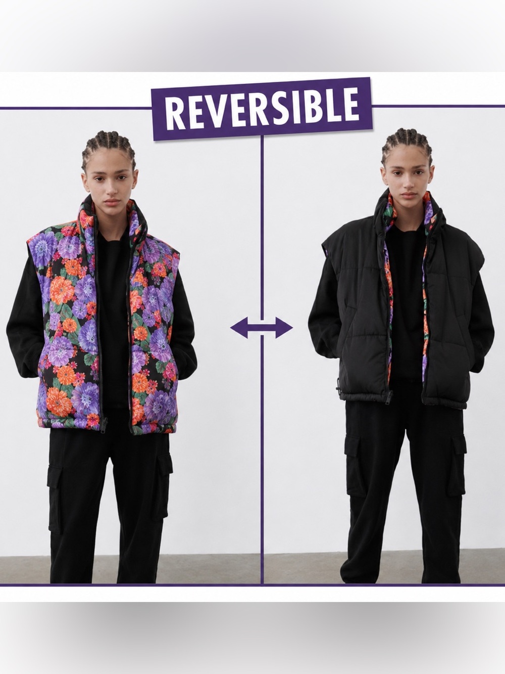 Water repellent Zara Reversible Floral/ Black Puffer Vest